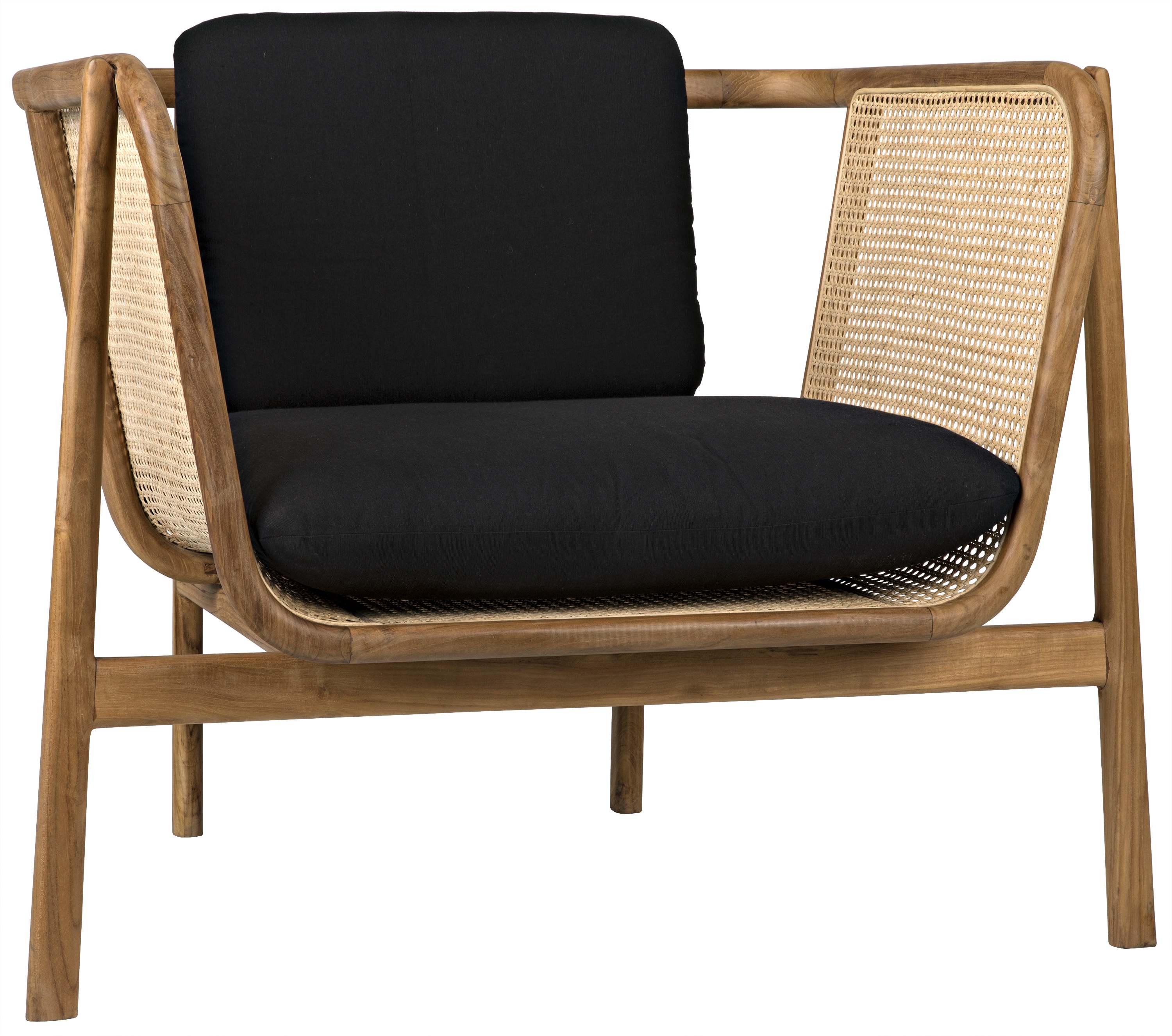 Balin Teak Chair with Black Cotton Cushion and Caning Detail in Clear Coat Flat Finish
