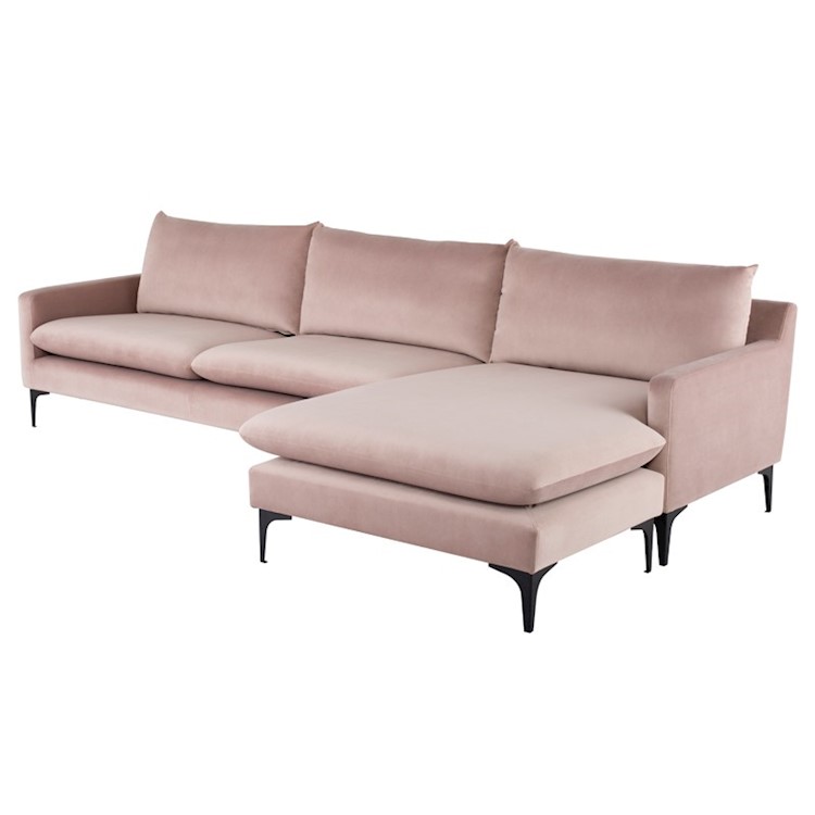 Anders Sectional Sofa In Blush Fabric And Black Metal