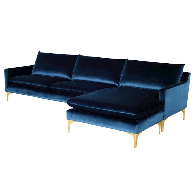 Anders Sectional Sofa In Midnight Blue Fabric And Gold Metal