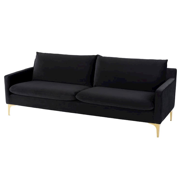 Anders Triple Seat Sofa In Black Fabric And Gold Metal