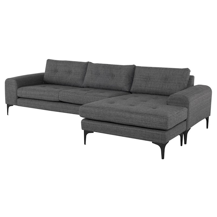 Colyn Sectional Sofa In Dark Grey Tweed Fabric And Black Metal