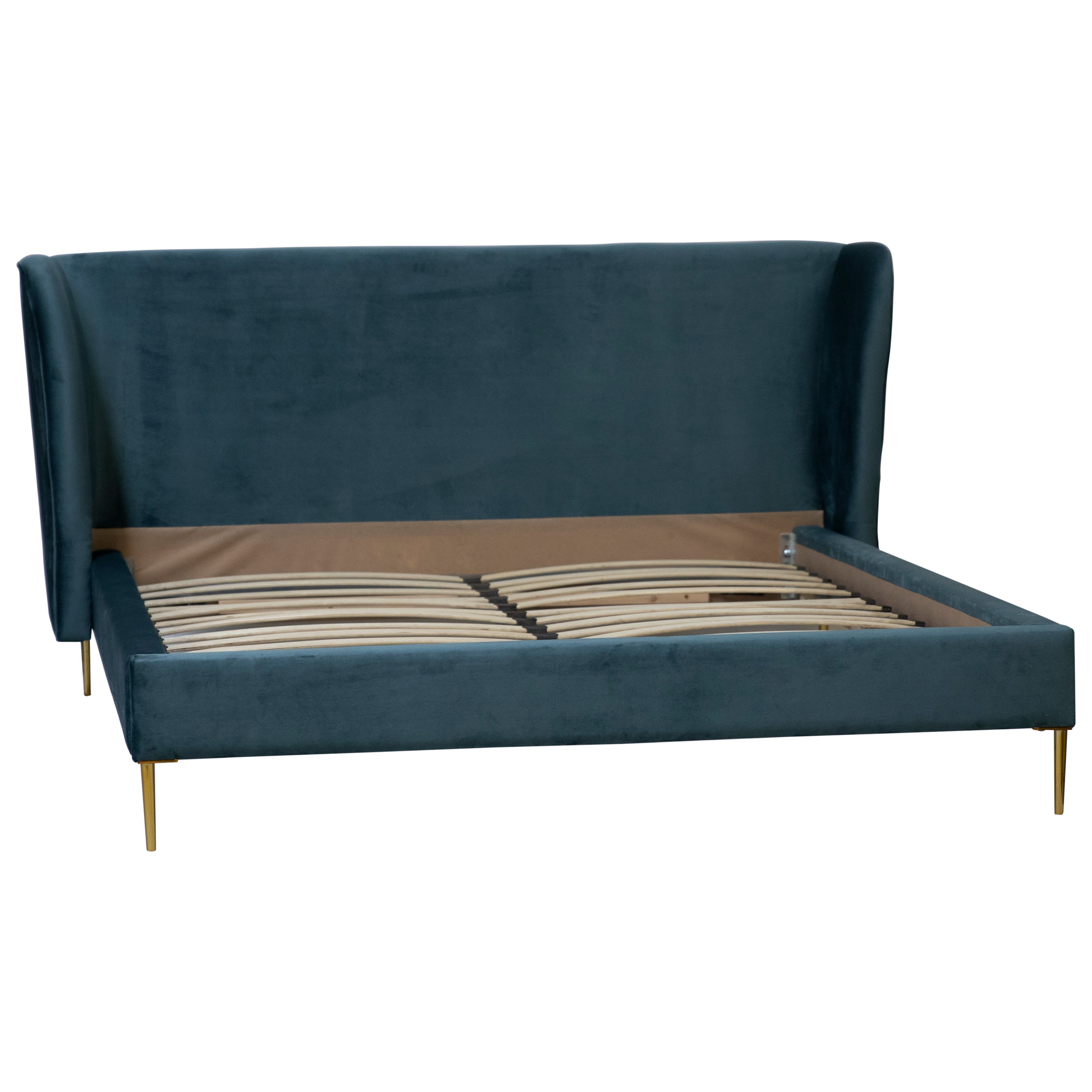LORENZ BED QUEEN in TEAL BLUE VELVET UPHLOSTERY ON BRASS METAL LEGS