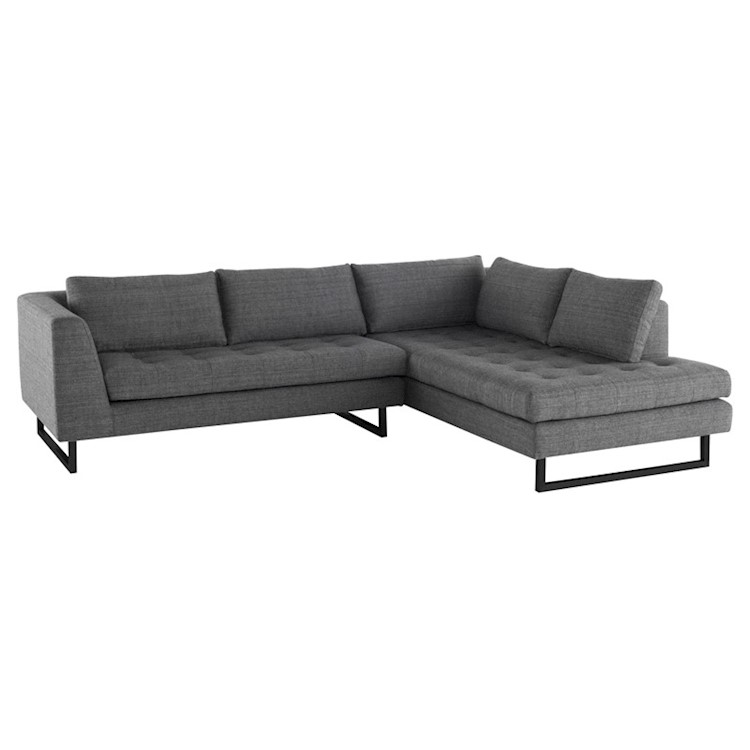 Janis Sectional Sofa In Dark Grey Tweed Fabric And Black Metal